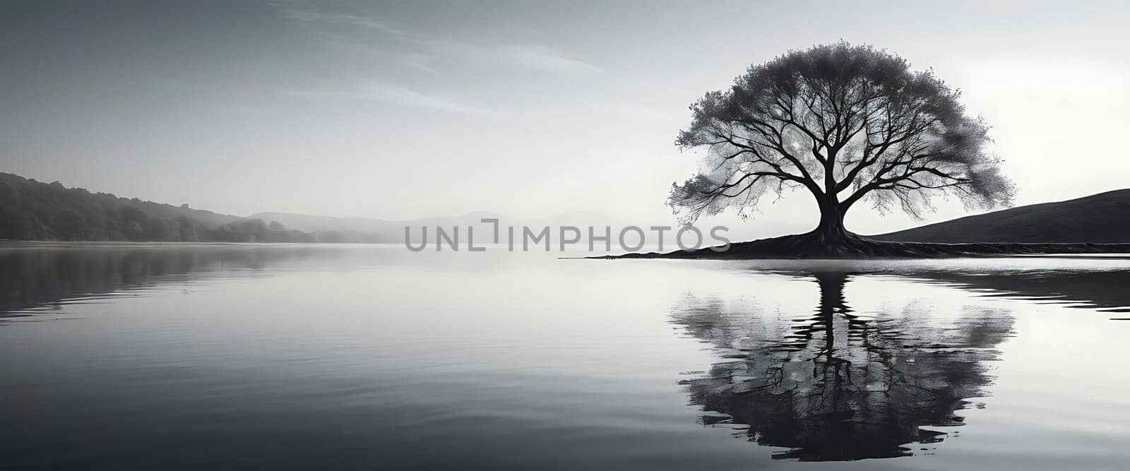 A lone tree stands at the edge of a calm lake, reflected perfectly on the water's surface. The sky is clear.