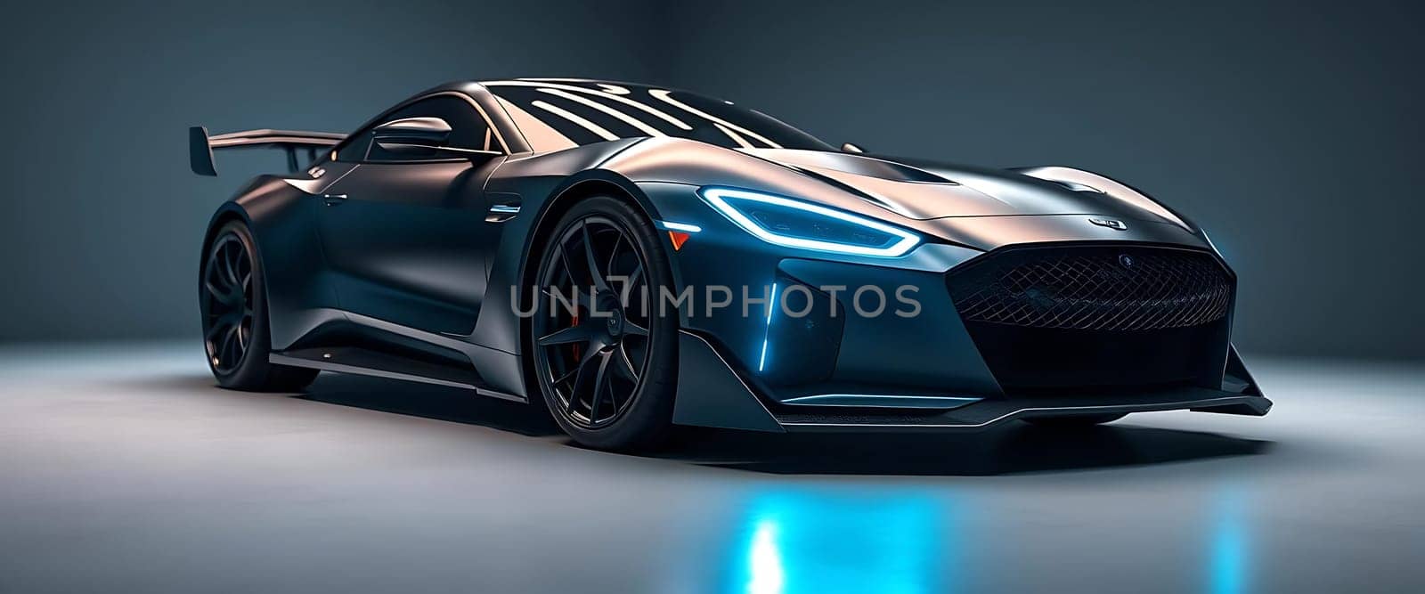 The image shows a sleek, futuristic sports car in a dark studio setting. The car has blue LED lights and a streamlined design.
