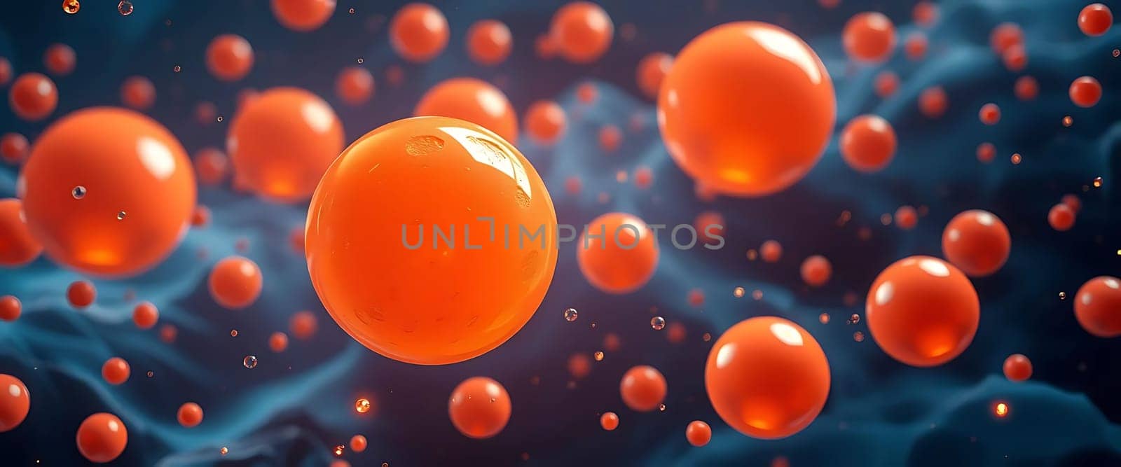 The image shows numerous orange spheres of varying sizes floating in a dark blue, wave-like background.