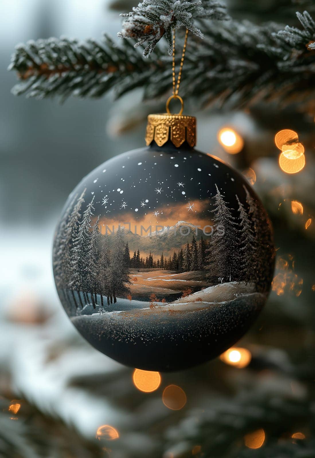 A black Christmas ball with a snow landscape on a Christmas tree. Selective focus.
