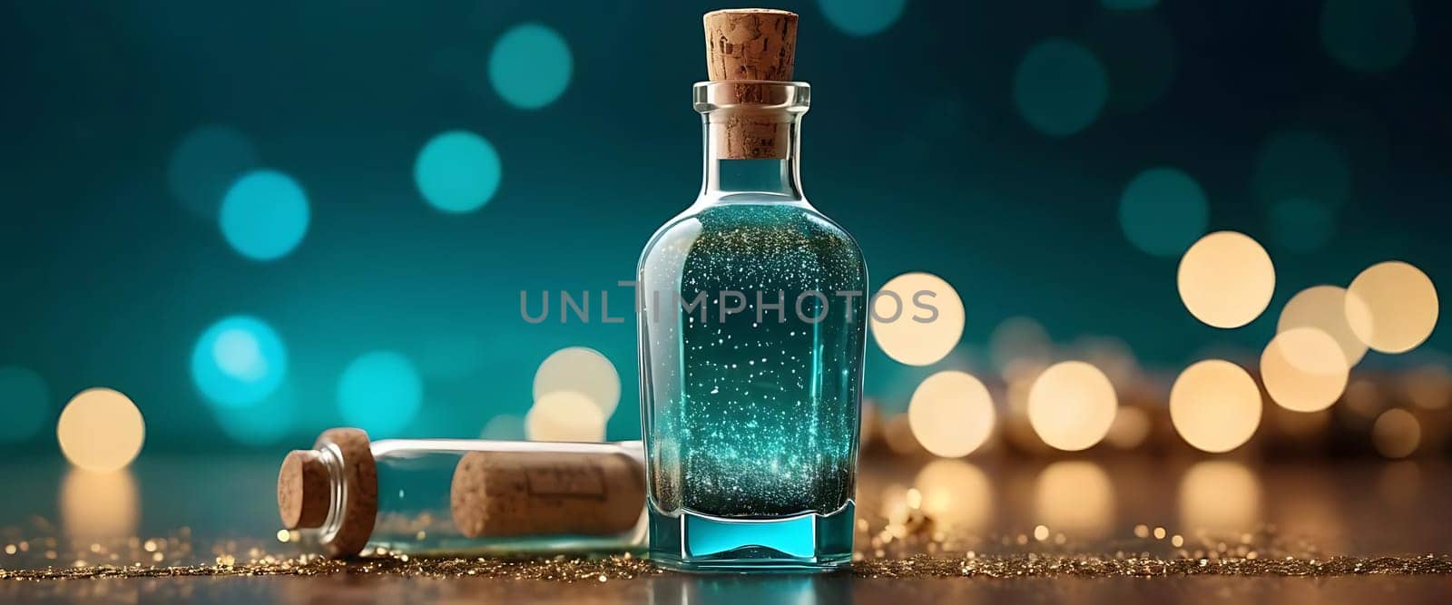 A glass bottle with a cork stopper contains sparkling blue liquid. It lies on a reflective surface with blurred lights.