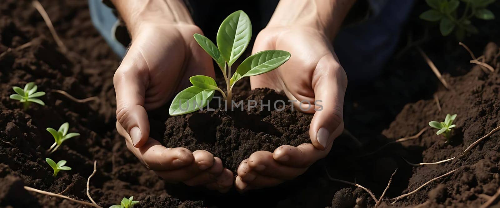 Hands holding a small plant with soil, showcasing a gardening or planting activity in rich, dark earth.