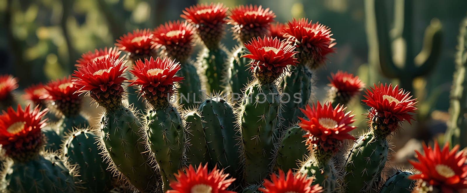 The image depicts several cacti with vibrant red flowers blooming atop their spiny, green stems. The background is slightly blurred.