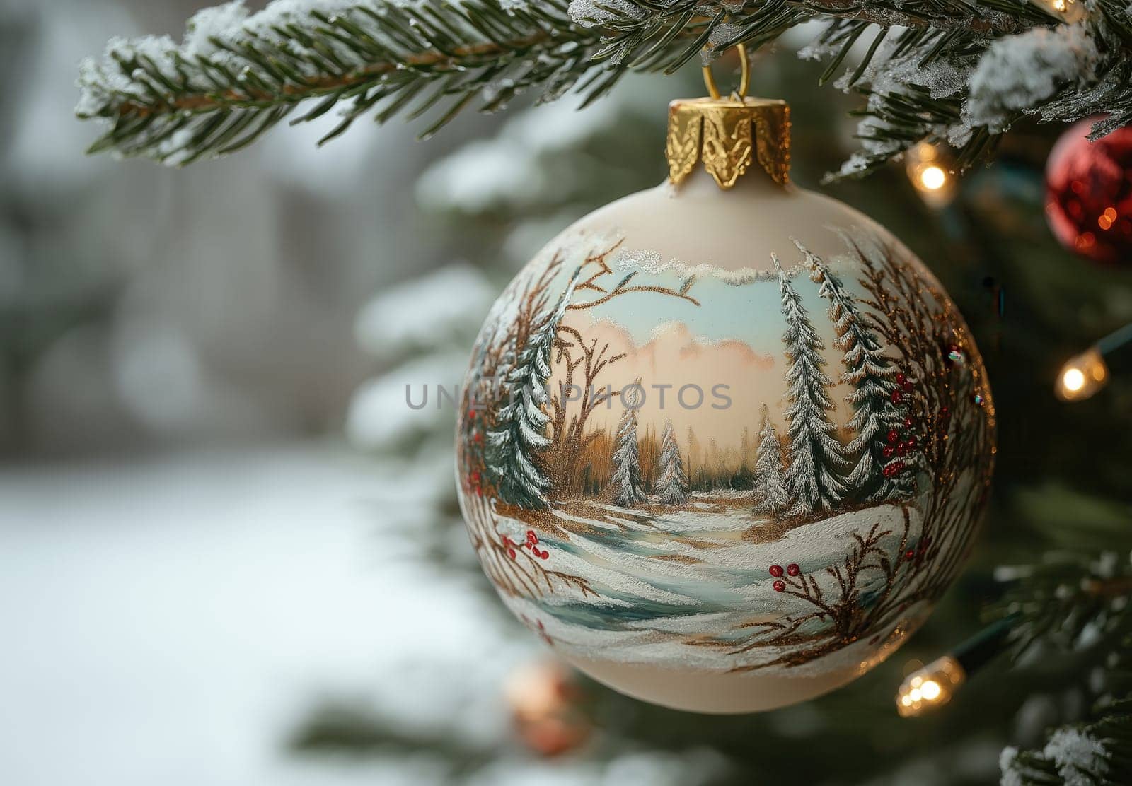 A beige Christmas ball with a snow landscape on a Christmas tree. Selective focus.