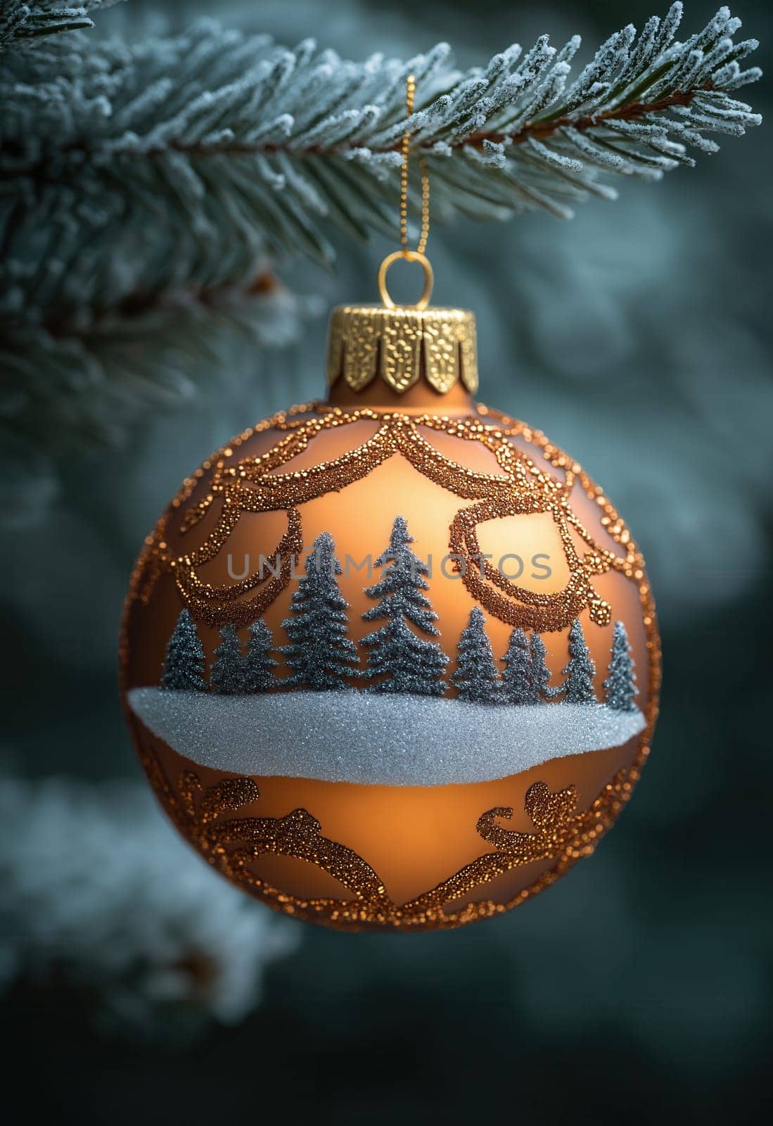 Orange Christmas ball with a snowy landscape on a Christmas tree. Selective focus.