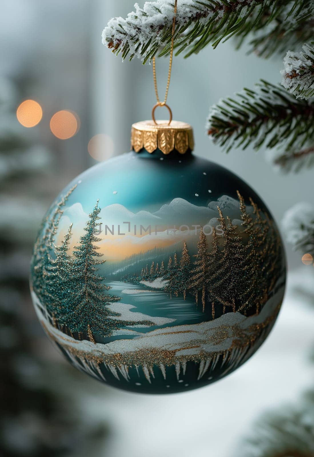 A green Christmas ball with a snow landscape on a Christmas tree. Selective focus.