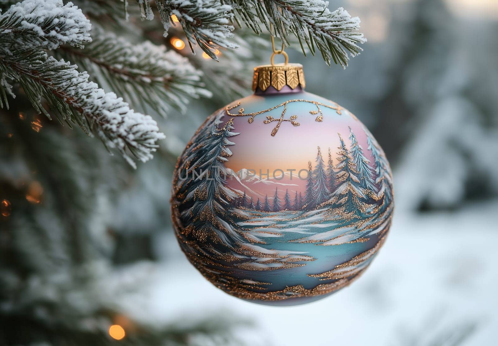 Lilac Christmas ball with a snow landscape on a Christmas tree. Selective focus.