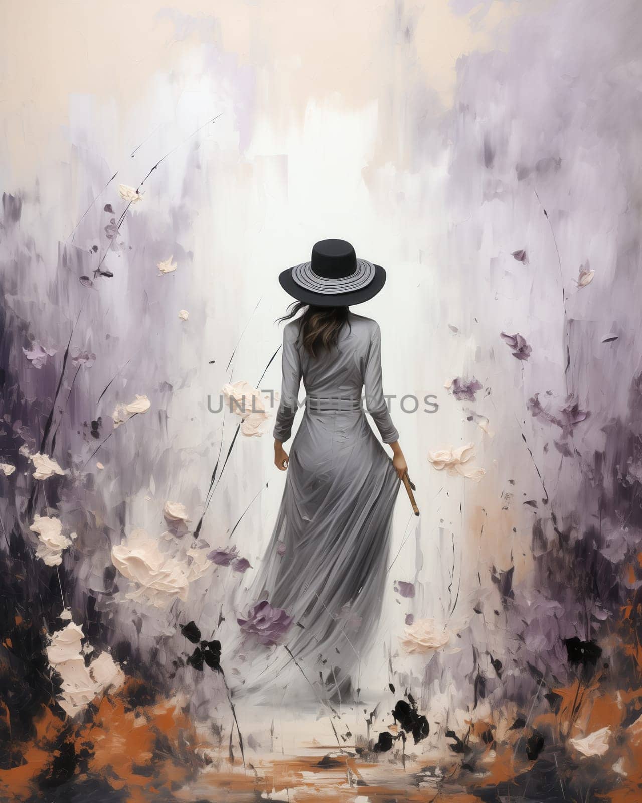 Oil painting in lilac tones, woman in hat, rear view. Selective focus.