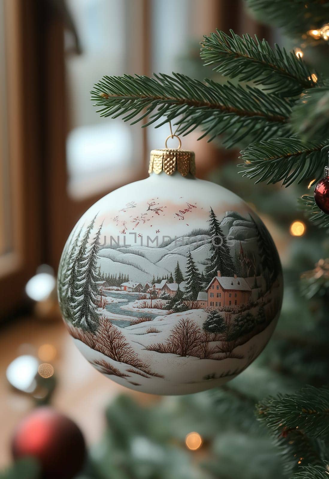 Cream Christmas ball with a snowy landscape on a Christmas tree. Selective focus.