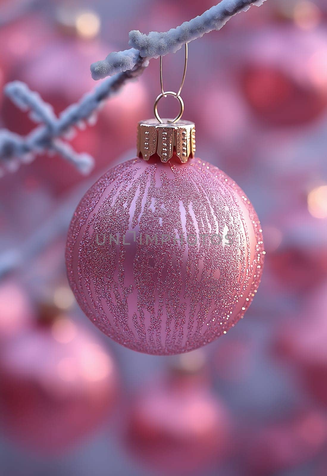 Pink Christmas tree ball on a branch. Selective focus.