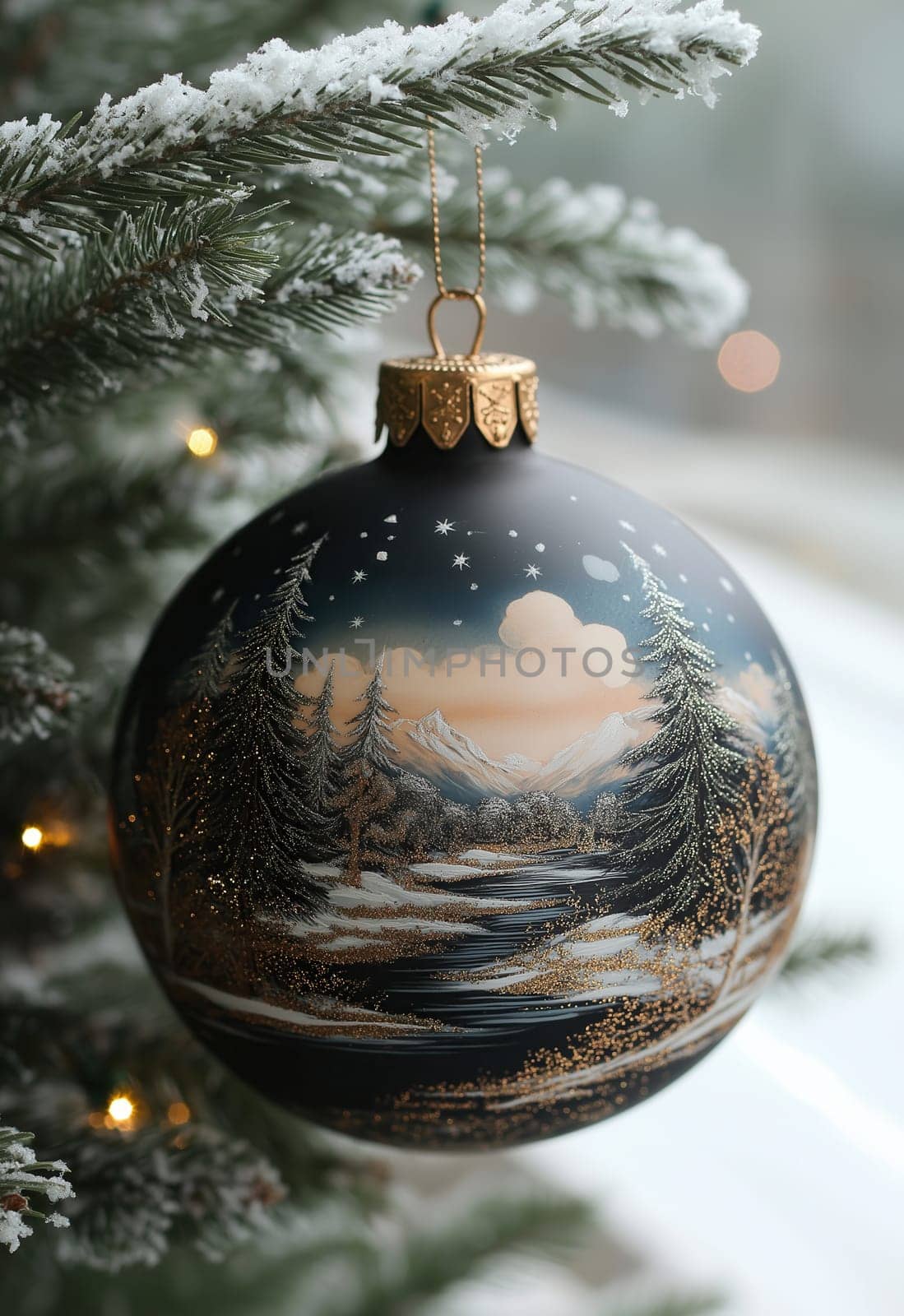 A black Christmas ball with a snow landscape on a Christmas tree. Selective focus.