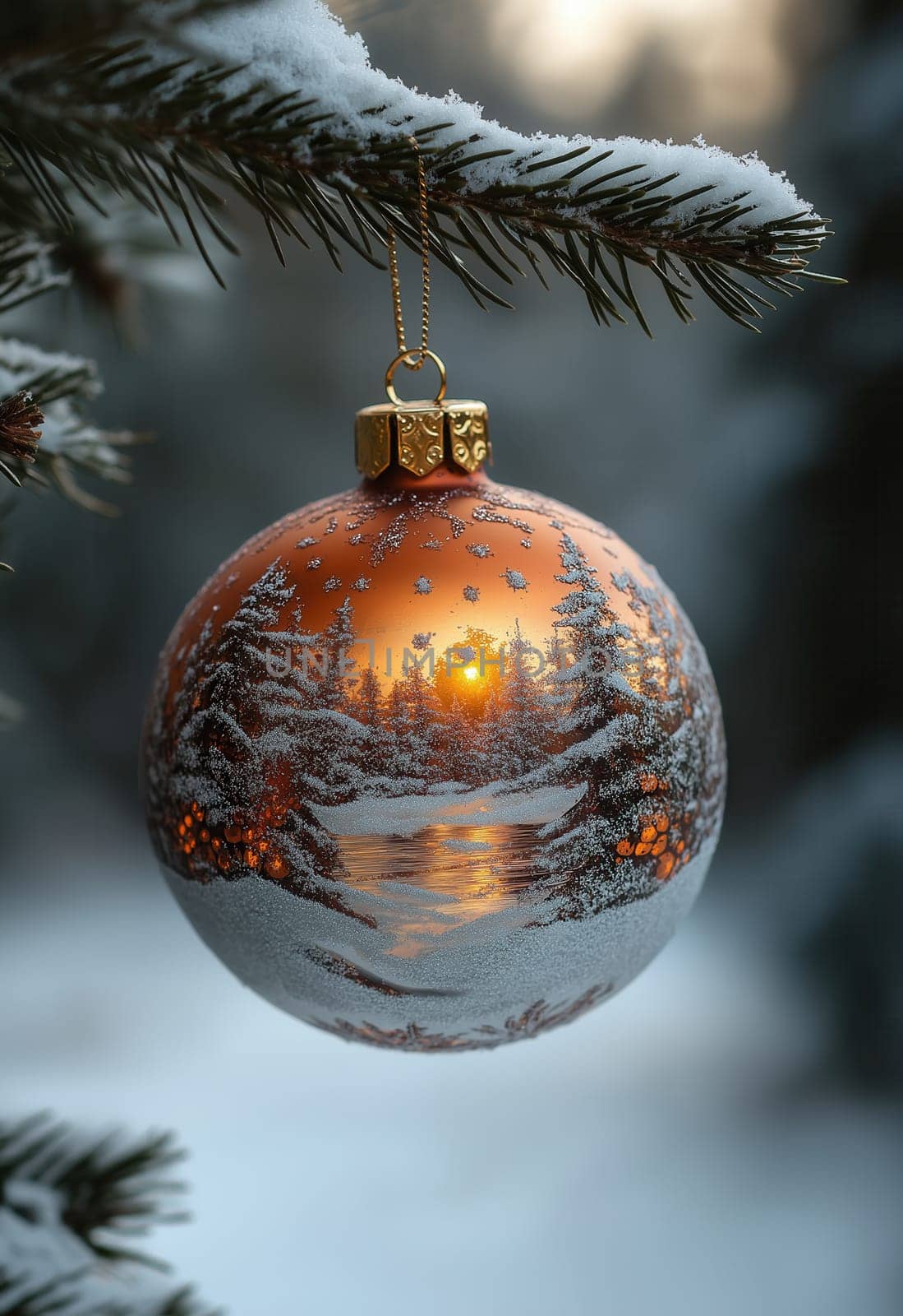 Orange Christmas ball with a snowy landscape on a Christmas tree. Selective focus.
