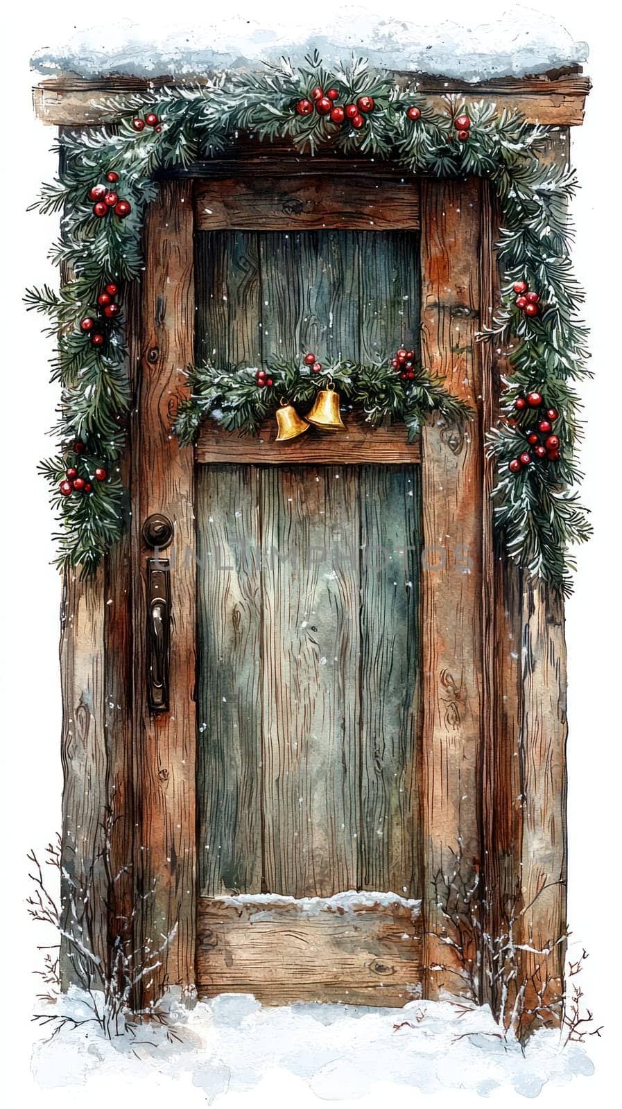 A wooden door decorated with evergreen garlands and bells, evoking cozy winter atmosphere