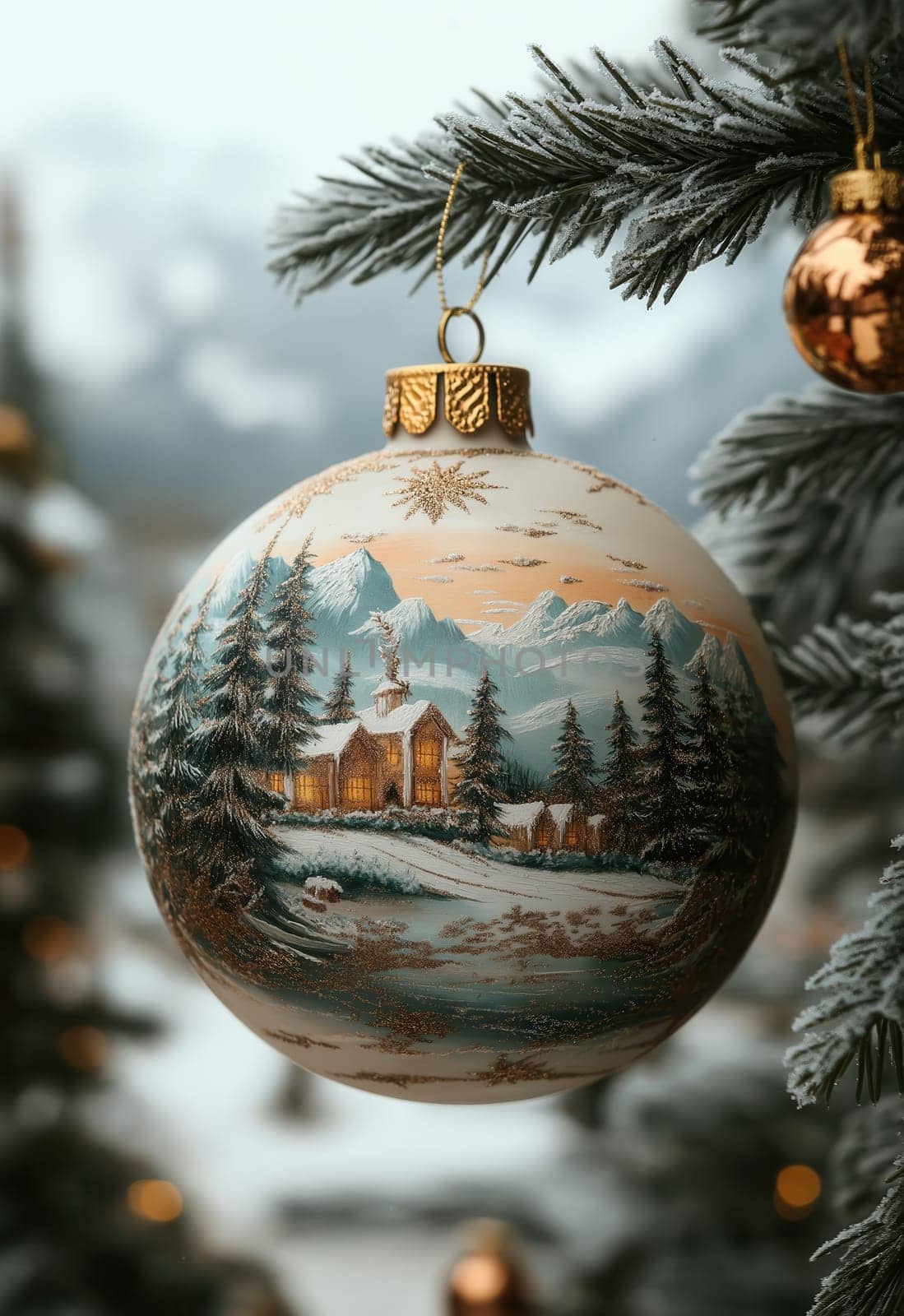 A beige Christmas ball with a snow landscape on a Christmas tree. Selective focus.