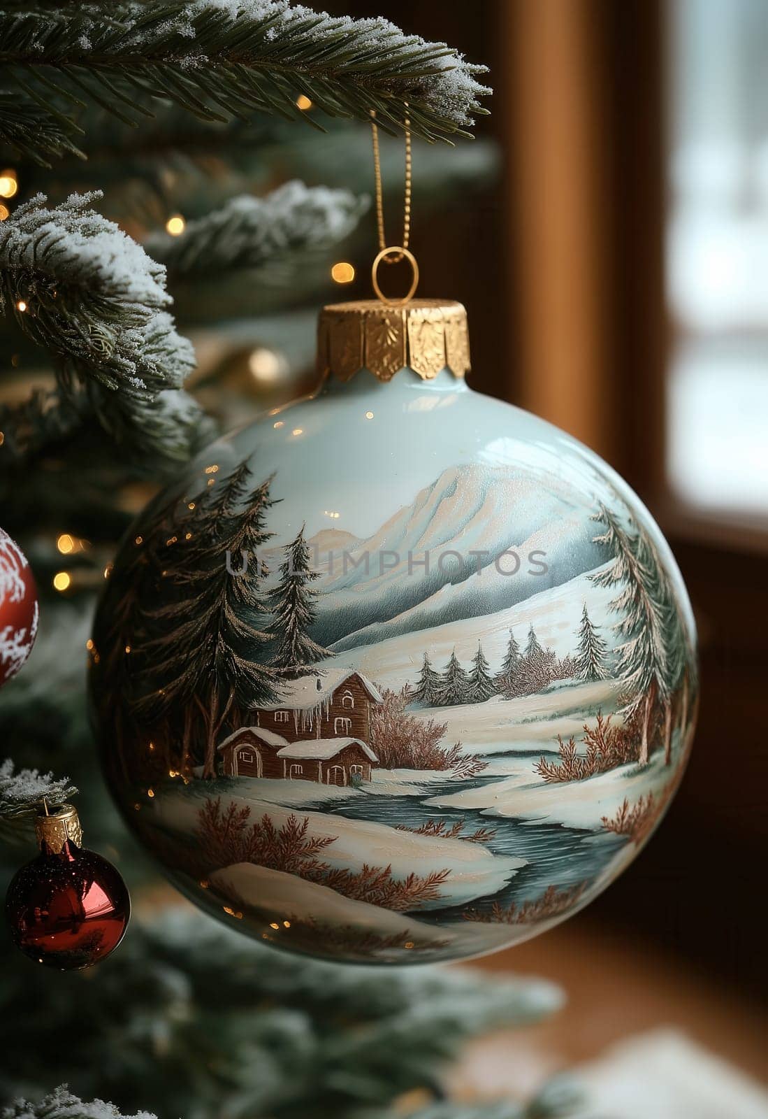 Cream Christmas ball with a snowy landscape on a Christmas tree. Selective focus.