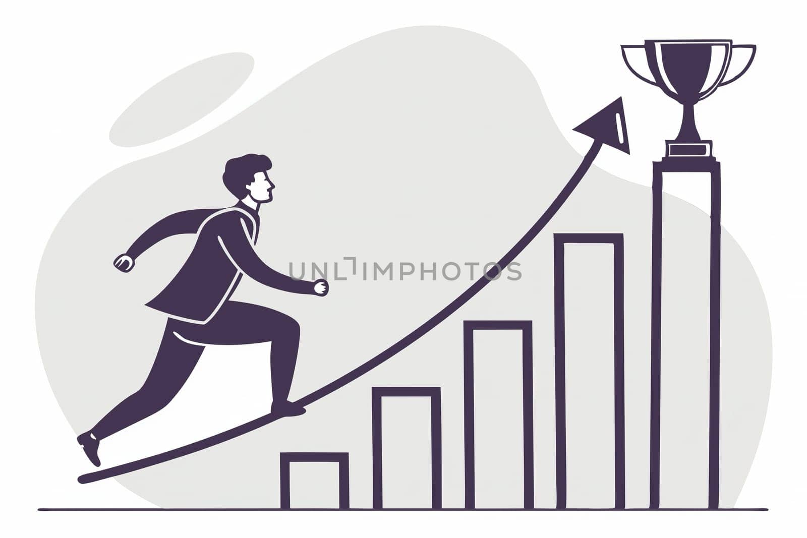 Climbing the Ladder to Success silhouette. Illustration.This image symbolizes the drive and determination needed to achieve success. The businessman is running towards a rising graph, representing his progress and upward trajectory. The trophy at the top signifies the ultimate goal or reward for his hard work and perseverance. The image conveys the idea that success is a journey, not a destination. It requires continuous effort, dedication, and a willingness to overcome obstacles.