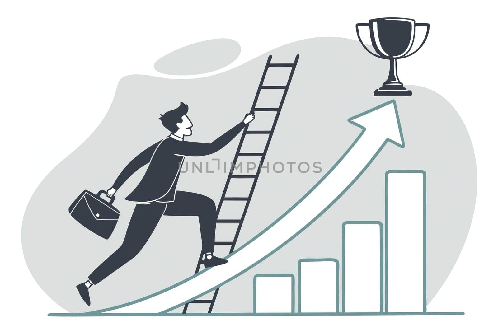 Climbing the Ladder to Success silhouette. Illustration.This image symbolizes the drive and determination needed to achieve success. The businessman is running towards a rising graph, representing his progress and upward trajectory. The trophy at the top signifies the ultimate goal or reward for his hard work and perseverance. The image conveys the idea that success is a journey, not a destination. It requires continuous effort, dedication, and a willingness to overcome obstacles.