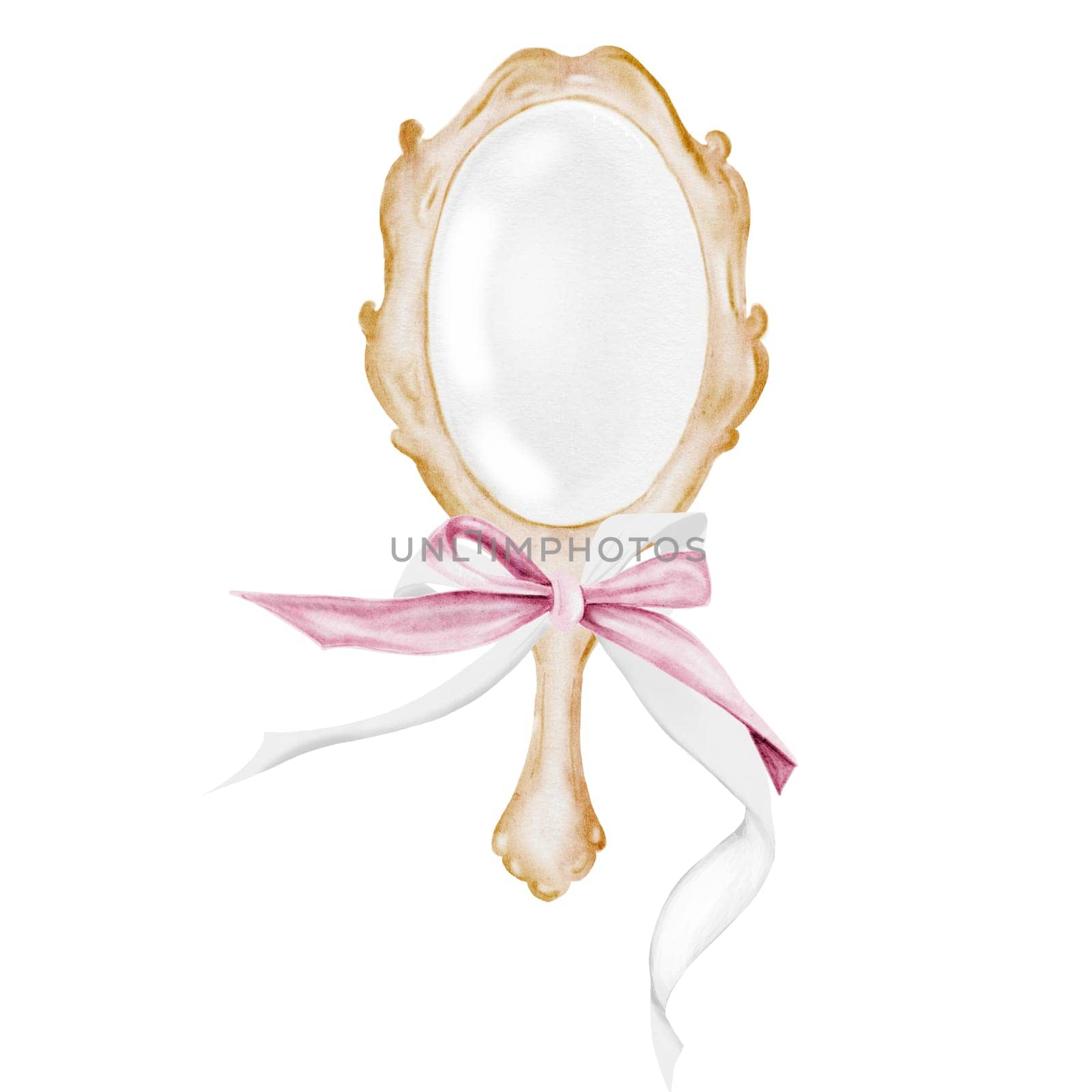 Mirror watercolor with a bow. Hand drawn vintage mirror with handle. Clip art of beauty accessory. Perfect for posters, cards and stickers. High quality illustration
