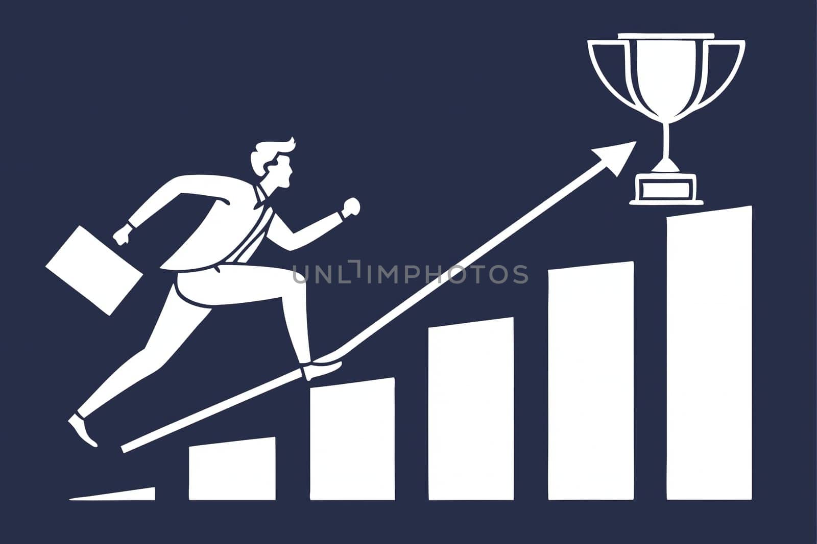 Climbing the Ladder to Success silhouette. Illustration.This image symbolizes the drive and determination needed to achieve success. The businessman is running towards a rising graph, representing his progress and upward trajectory. The trophy at the top signifies the ultimate goal or reward for his hard work and perseverance. The image conveys the idea that success is a journey, not a destination. It requires continuous effort, dedication, and a willingness to overcome obstacles.