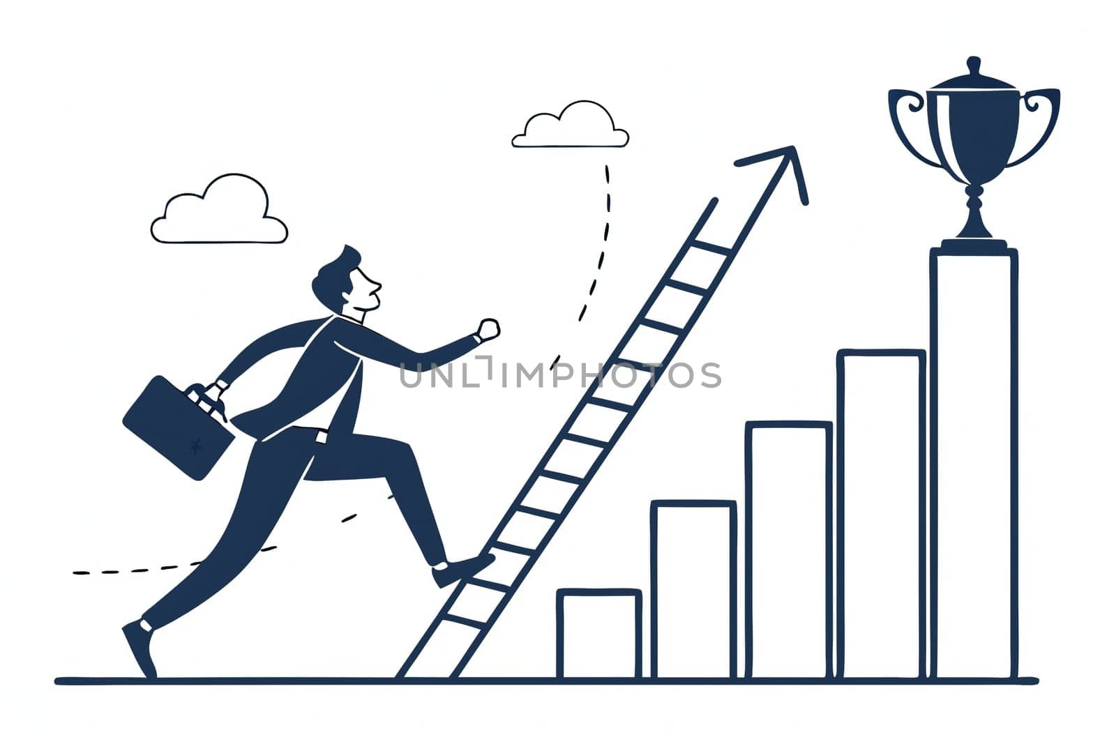 Climbing the Ladder to Success silhouette. Illustration.This image symbolizes the drive and determination needed to achieve success. The businessman is running towards a rising graph, representing his progress and upward trajectory. The trophy at the top signifies the ultimate goal or reward for his hard work and perseverance. The image conveys the idea that success is a journey, not a destination. It requires continuous effort, dedication, and a willingness to overcome obstacles.