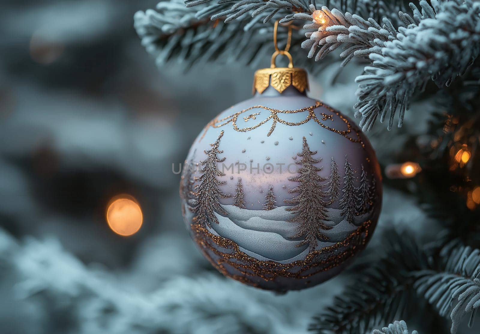 Lilac Christmas ball with a snow landscape on a Christmas tree. Selective focus.