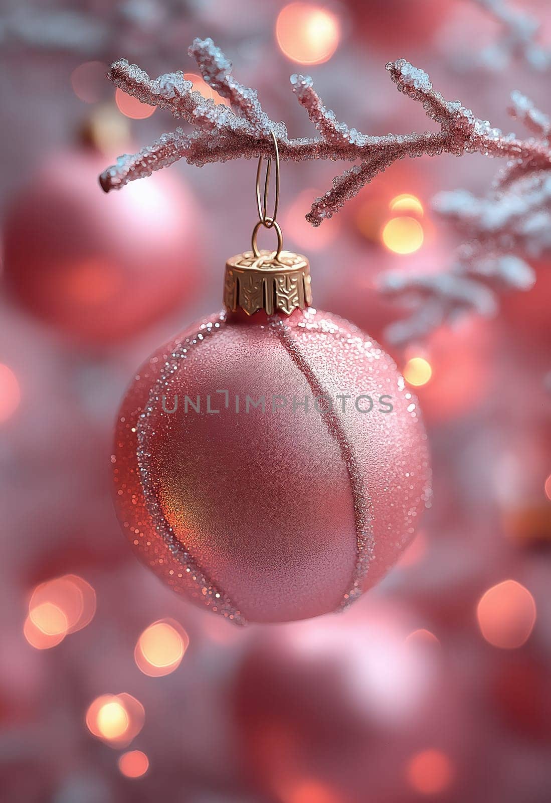 Pink Christmas tree ball on a branch. Selective focus.