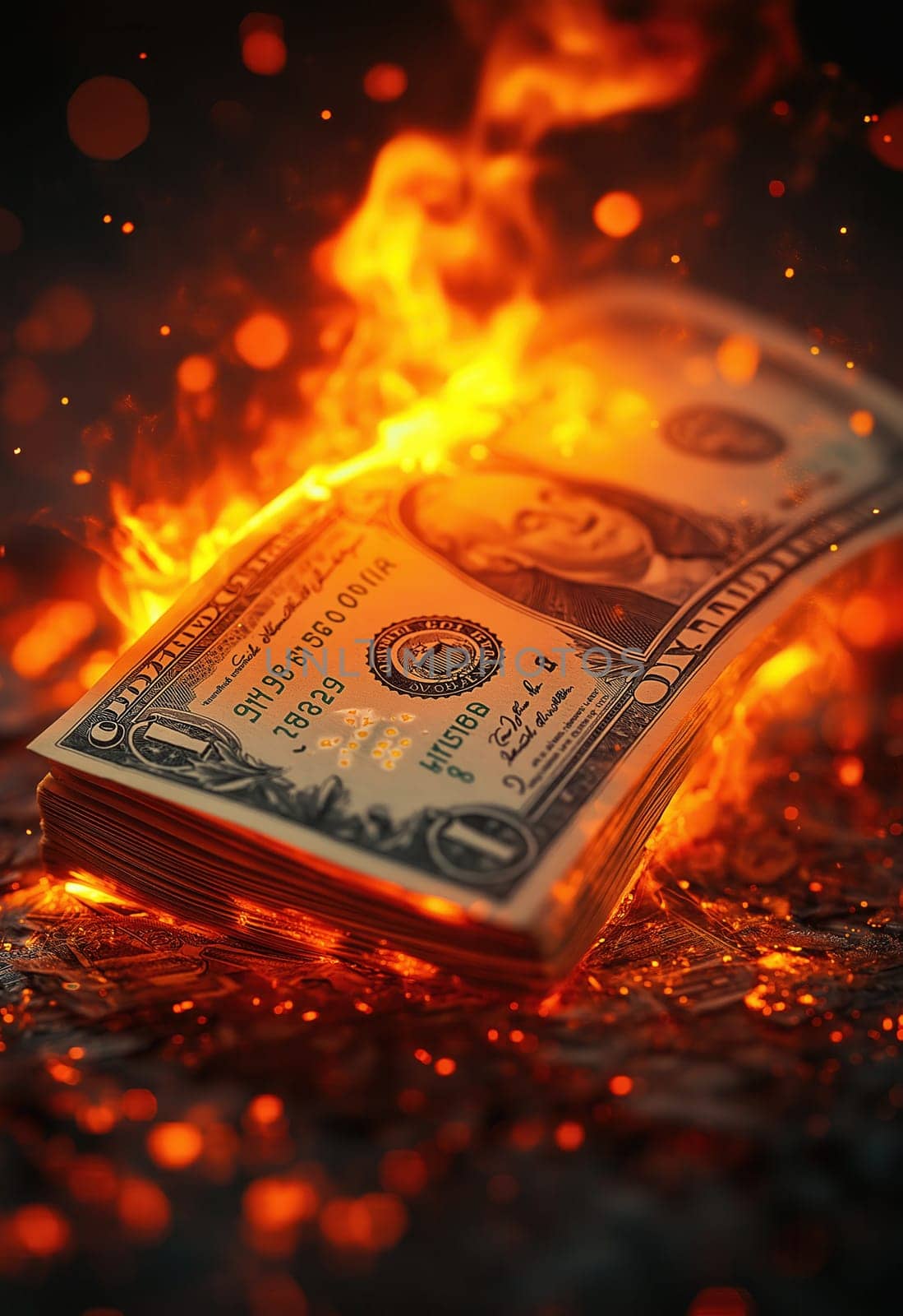 A dollar bill engulfed in flames, symbolizing financial loss. Selective focus.