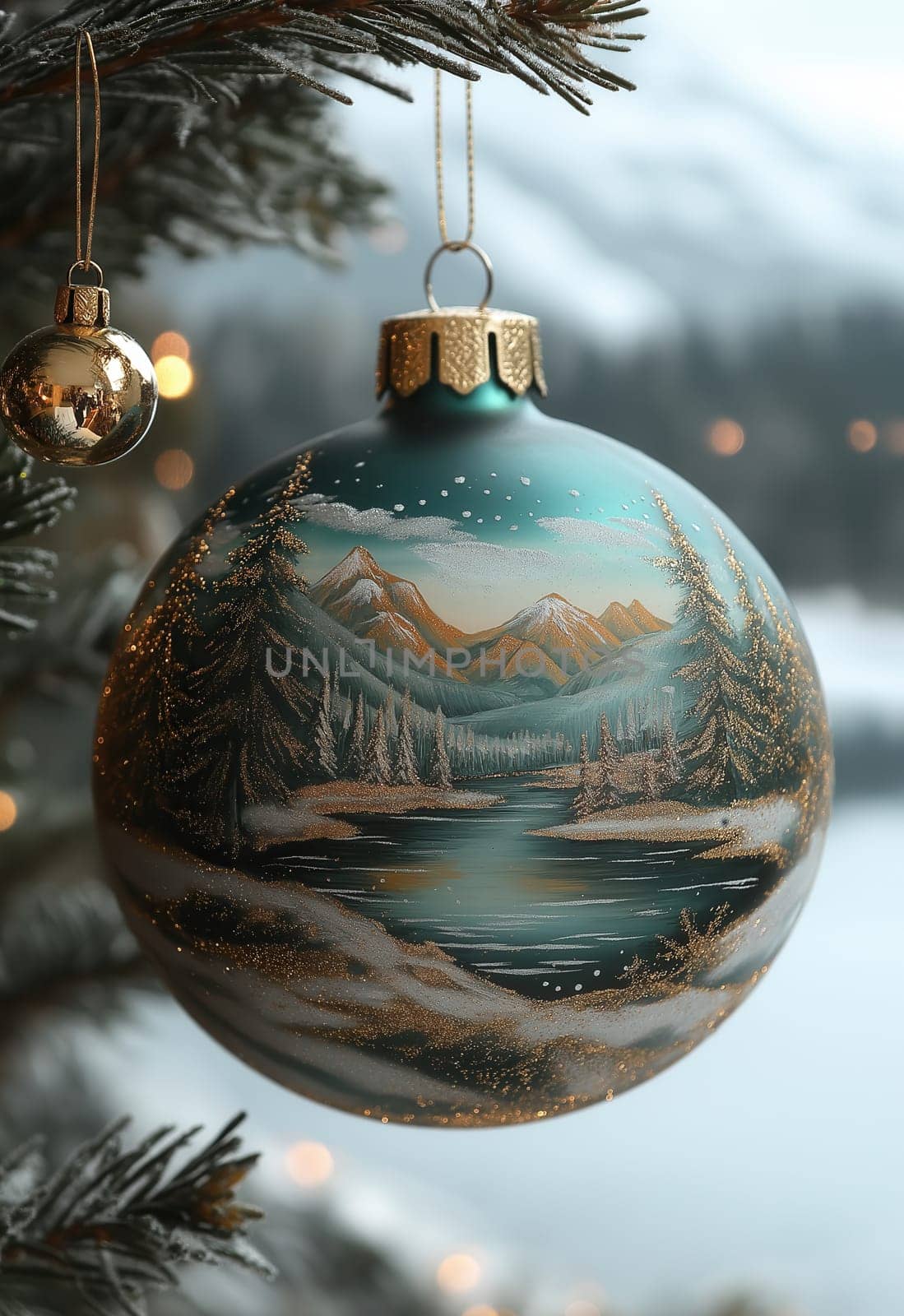 A green Christmas ball with a snow landscape on a Christmas tree. Selective focus.