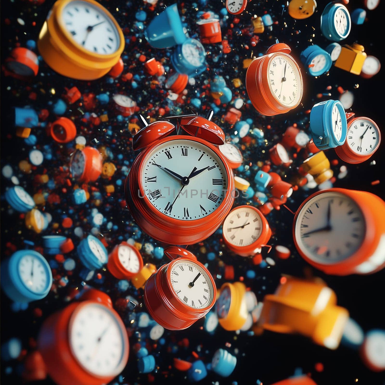 A surreal scene of clocks in various geometric shapes and vibrant colors floating in space, symbolizing the fluidity of time and abstract concepts.