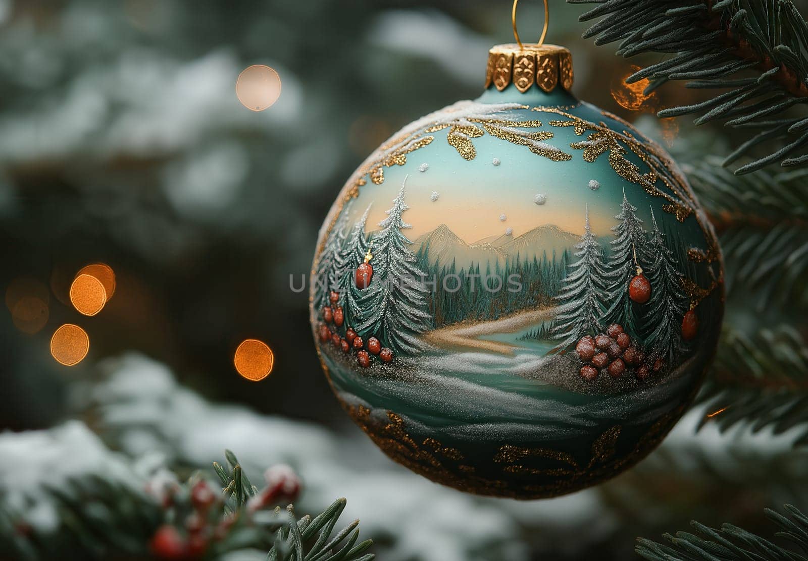 A green Christmas ball with a snow landscape on a Christmas tree. Selective focus.