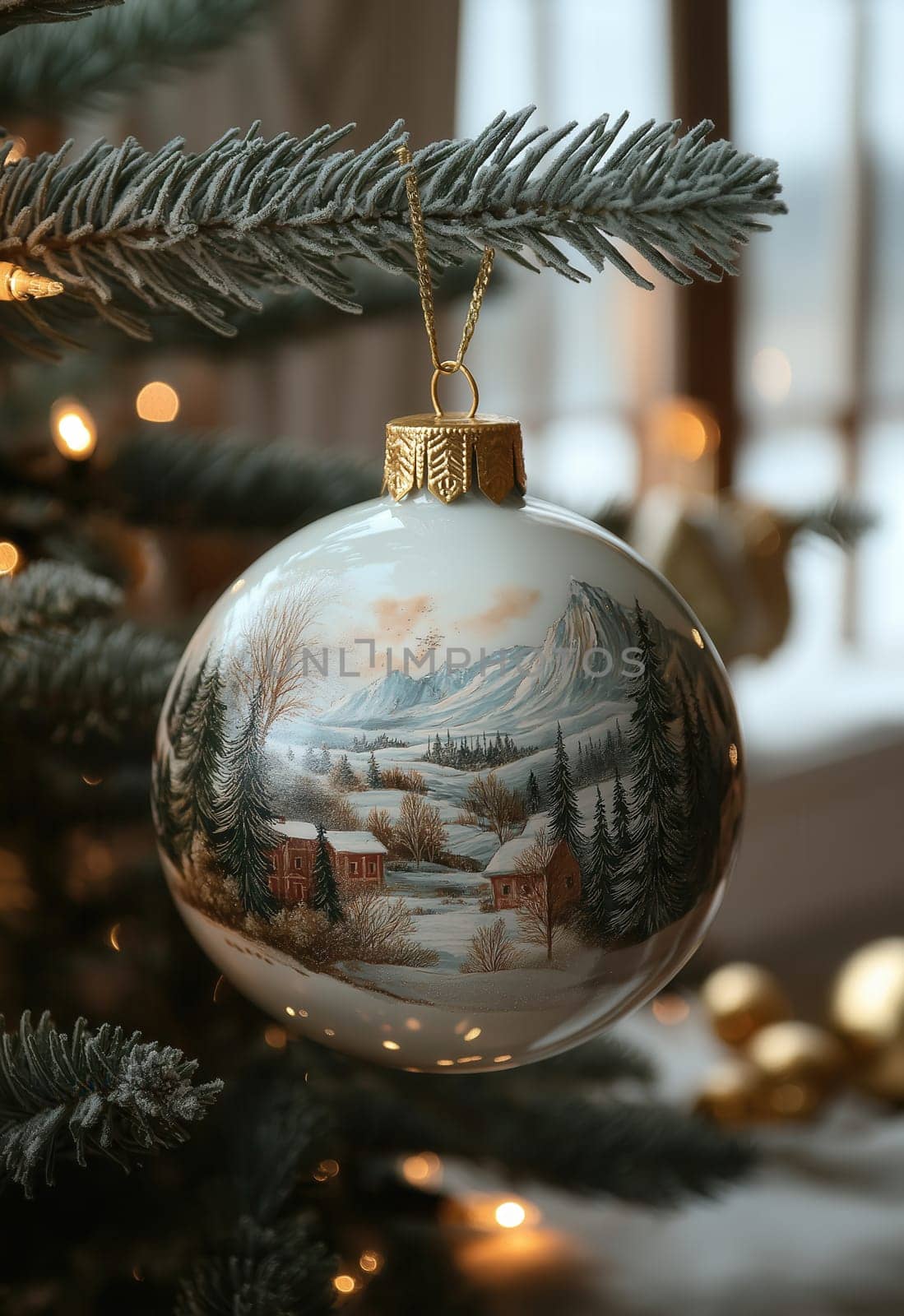 Cream Christmas ball with a snowy landscape on a Christmas tree. Selective focus.