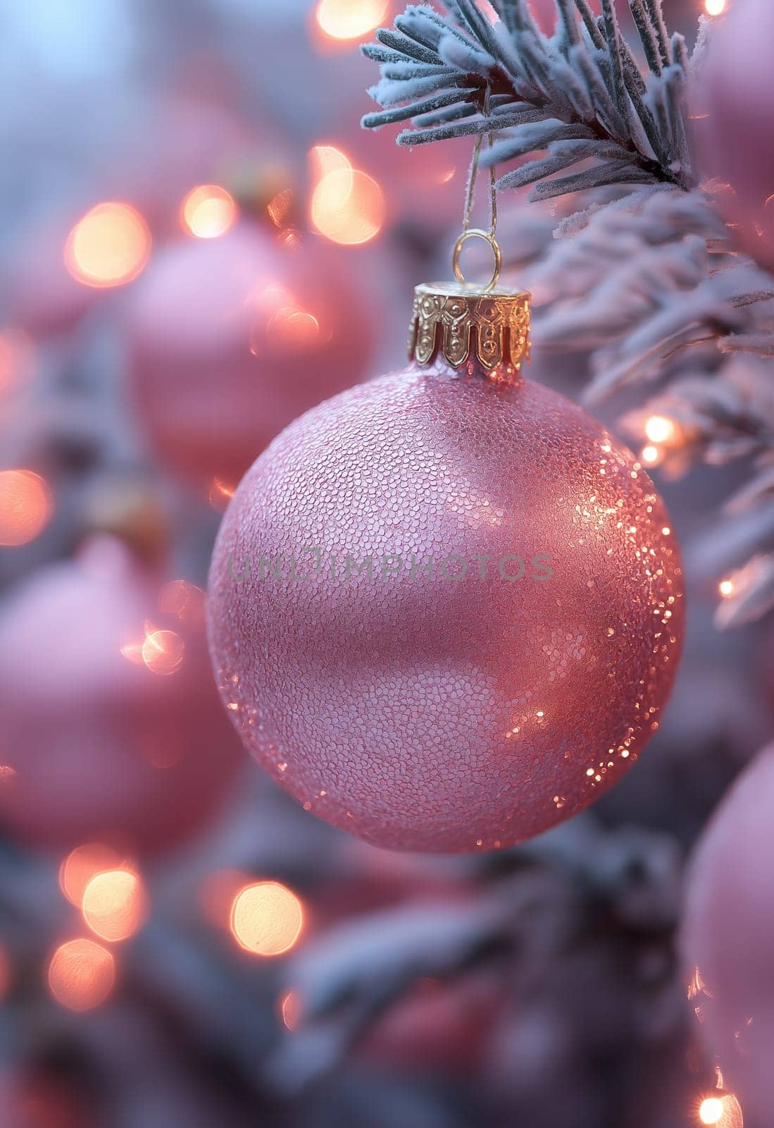 Pink Christmas tree ball on a branch. Selective focus.