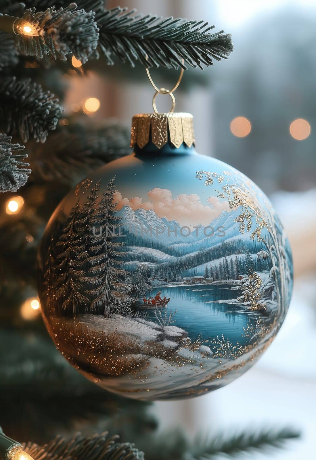 Blue Christmas ball with a snowy landscape on a Christmas tree. Selective focus.