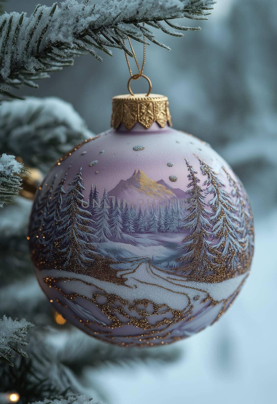 Lilac Christmas ball with a snow landscape on a Christmas tree. Selective focus.