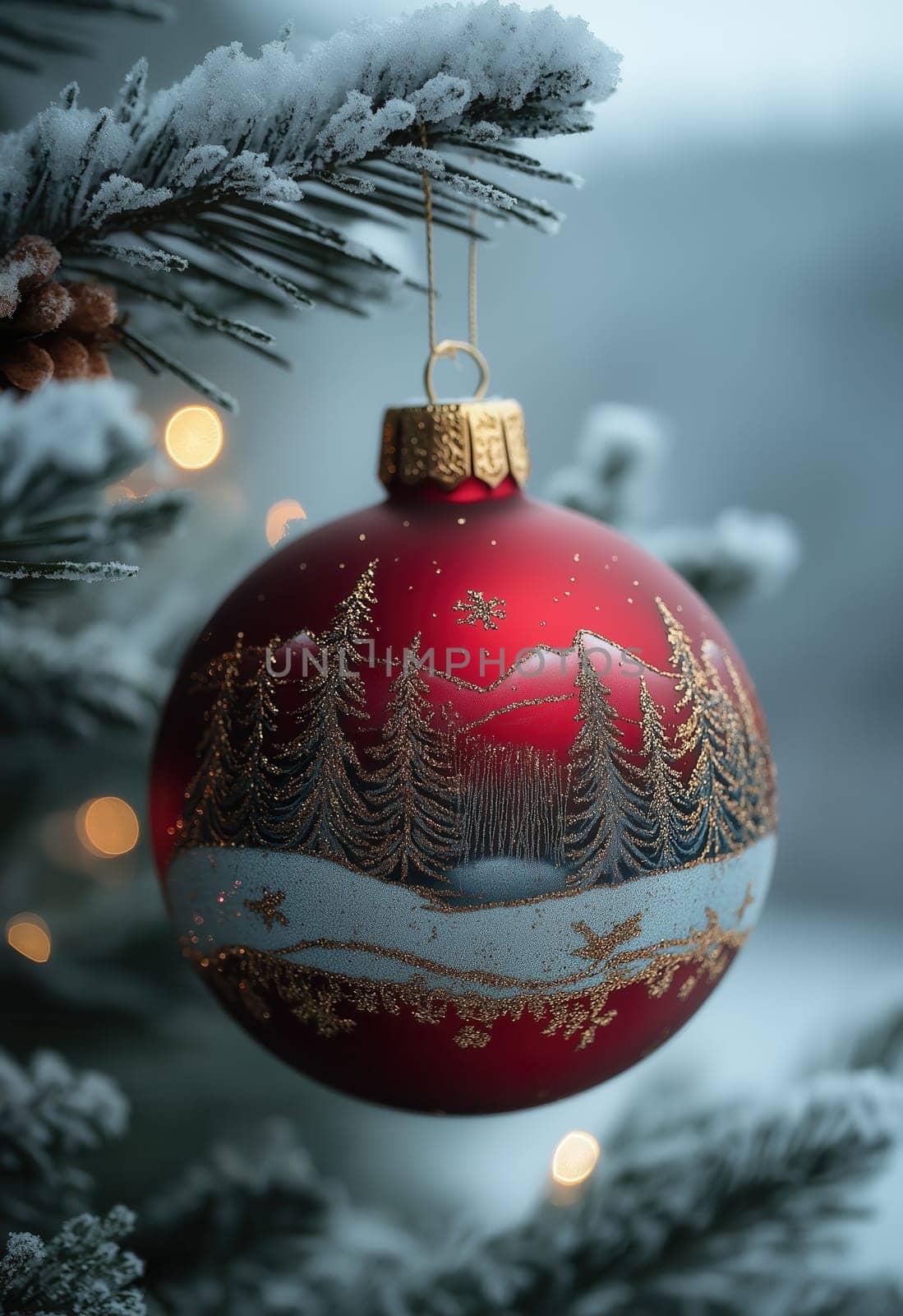 A red Christmas ball with a snow landscape on a Christmas tree. Selective focus.