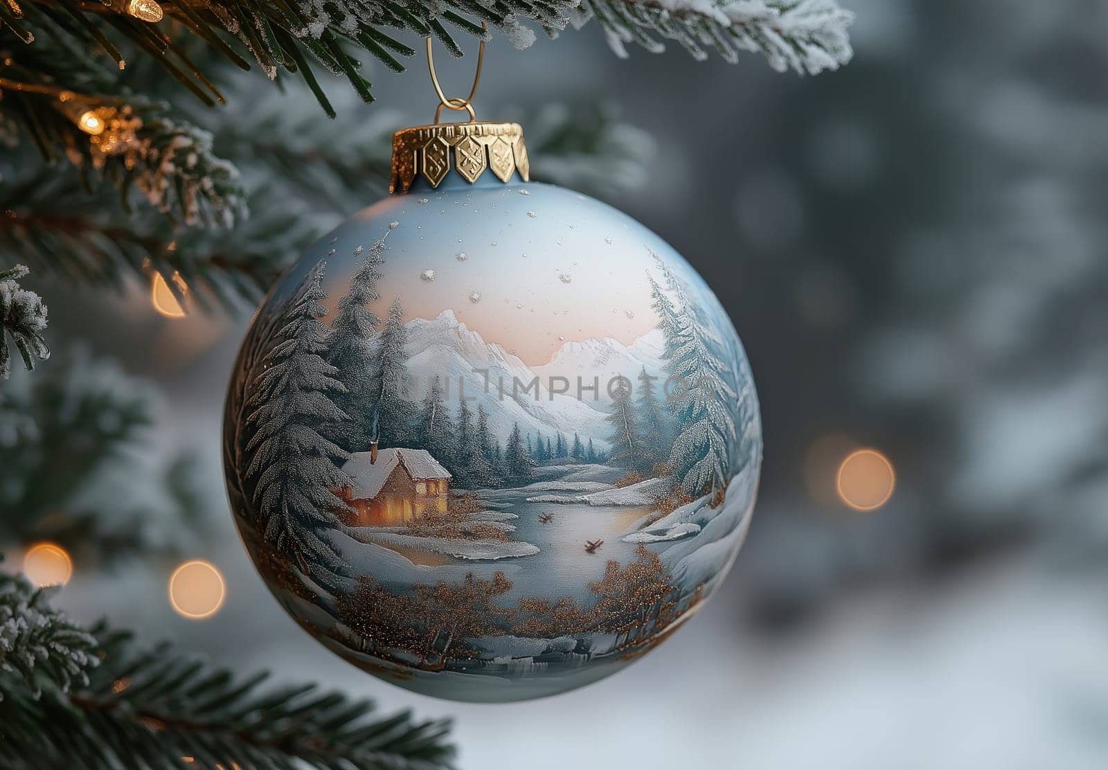 A gray Christmas ball with a snow landscape on a Christmas tree. Selective focus.