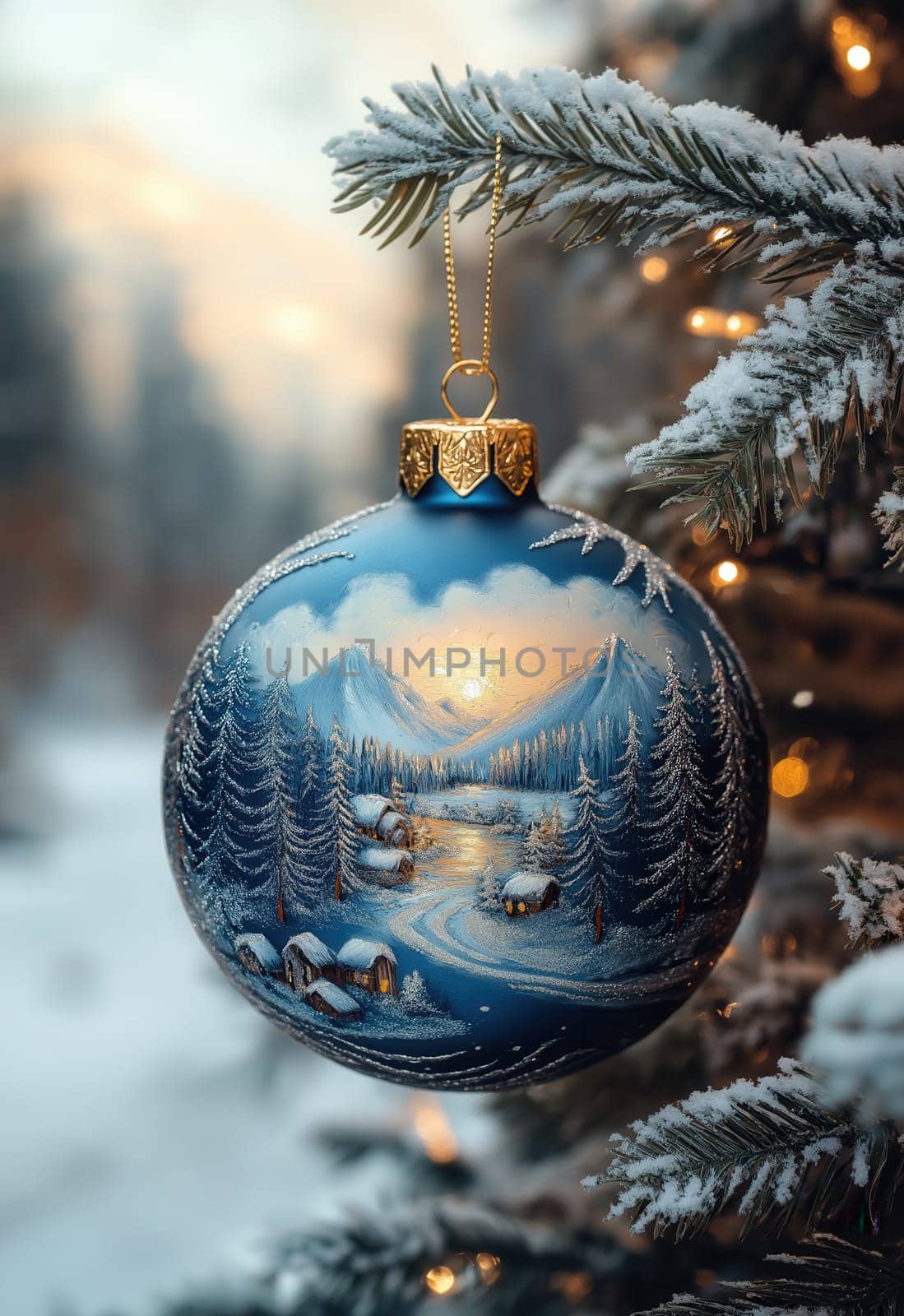 Blue Christmas ball with a snowy landscape on a Christmas tree. Selective focus.