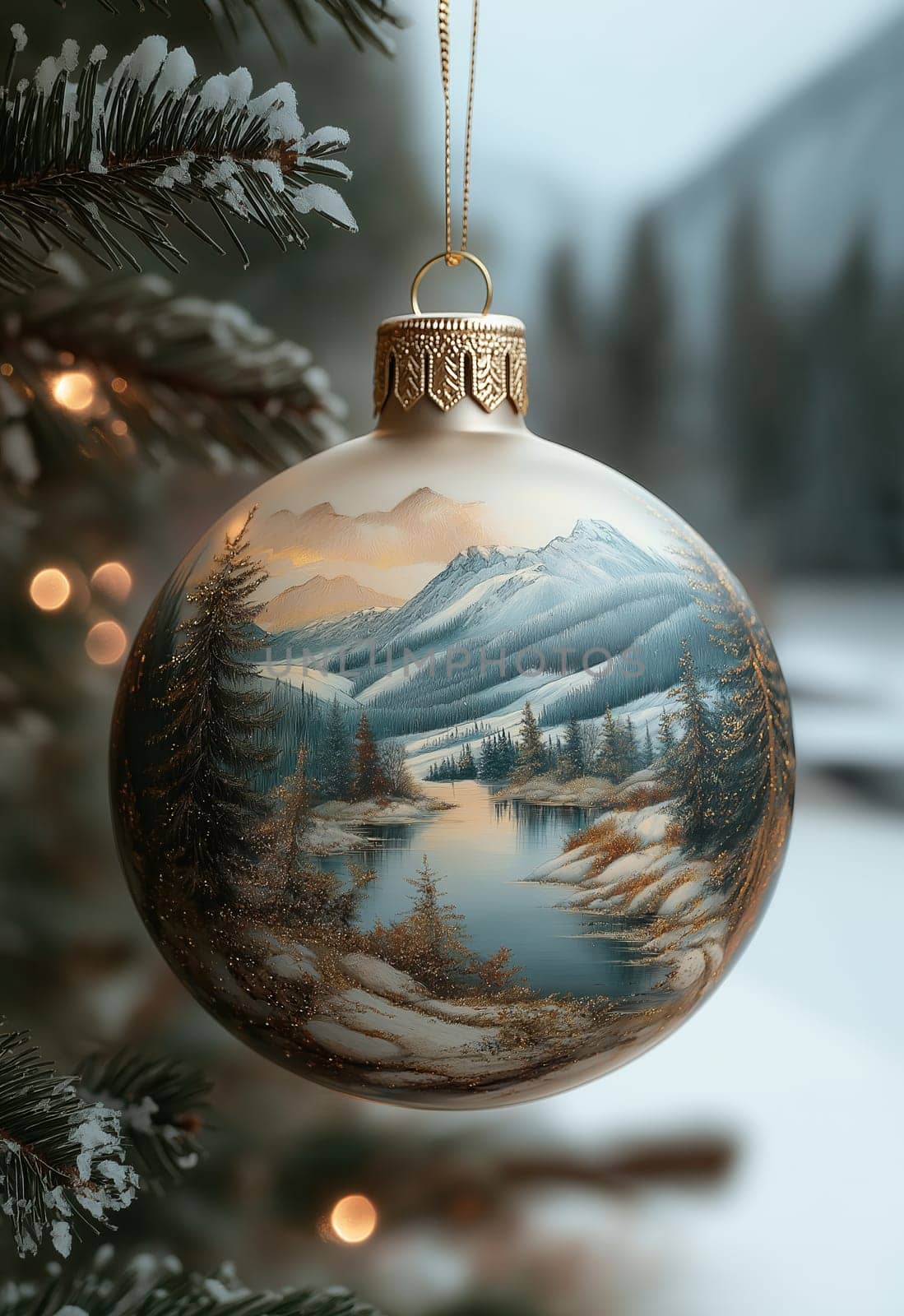 A beige Christmas ball with a snow landscape on a Christmas tree. Selective focus.