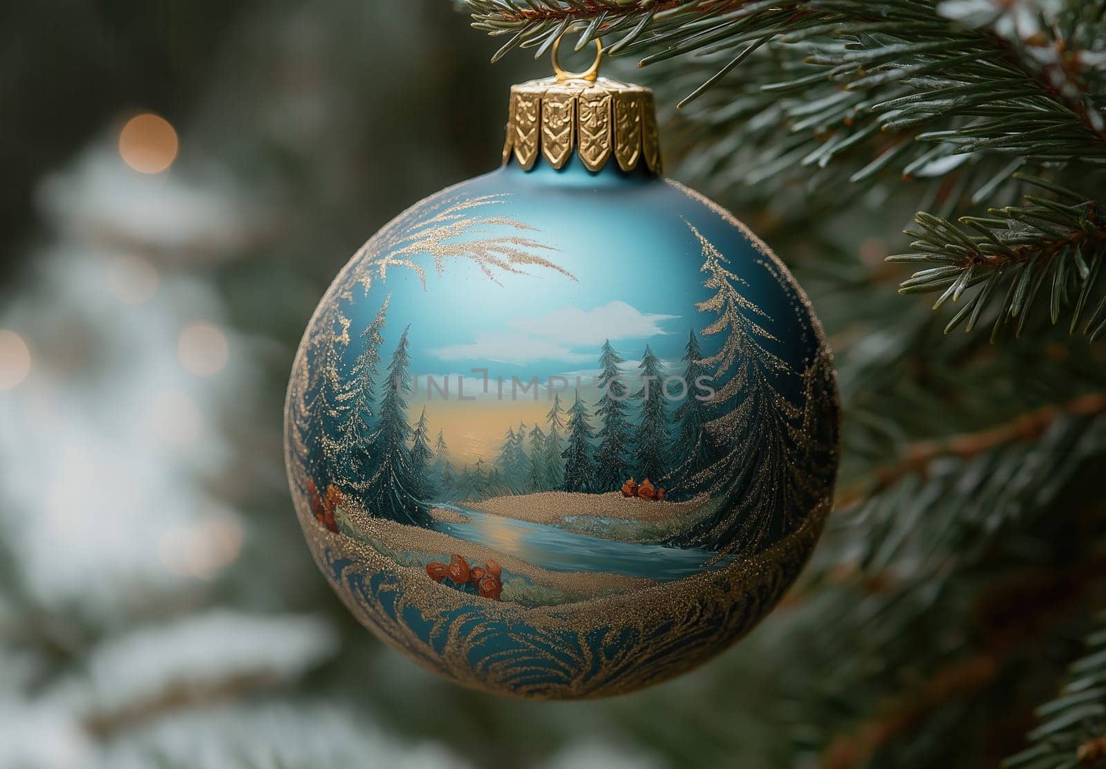 Blue Christmas ball with a snowy landscape on a Christmas tree. Selective focus.