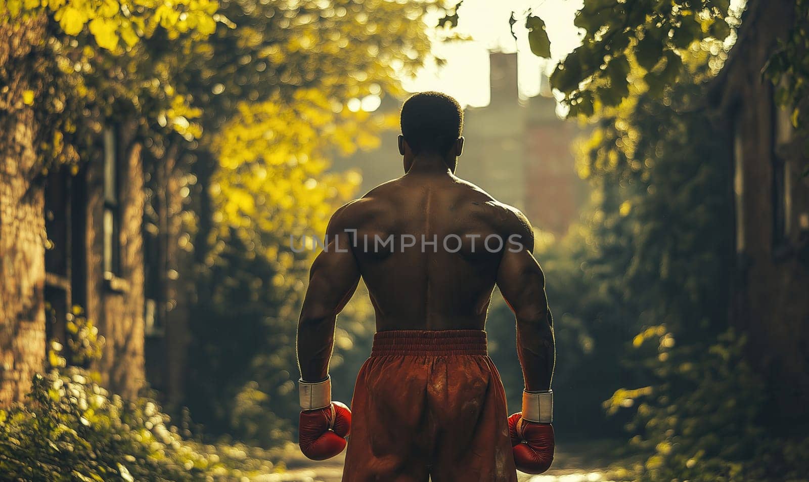 A boxer ready for training, demonstrating strength and determination. Selective focus.