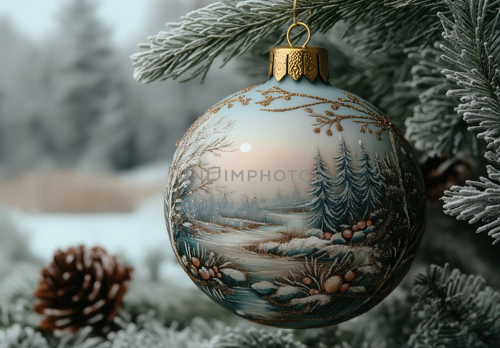 A gray Christmas ball with a snow landscape on a Christmas tree. Selective focus.