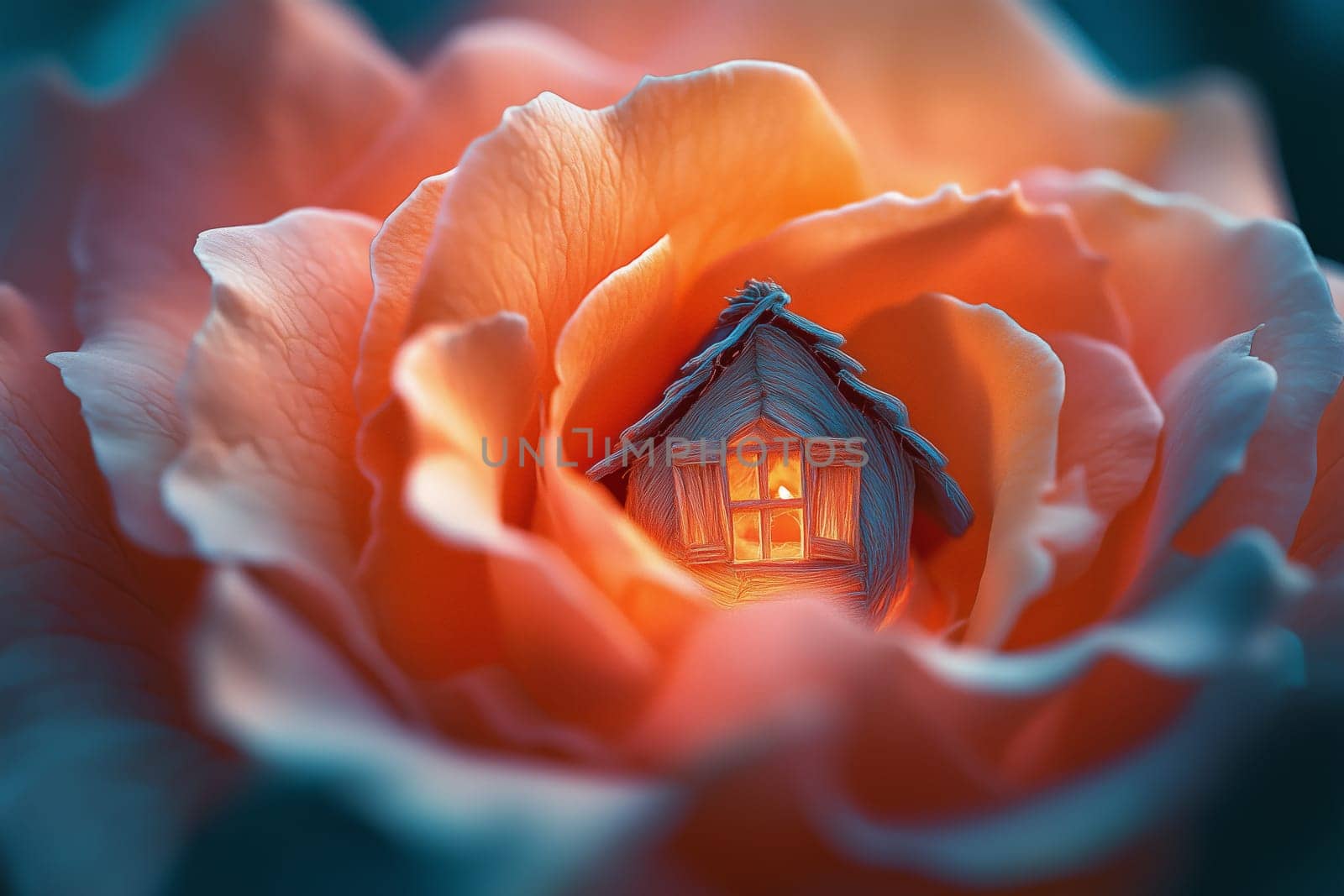 A miniature house nestled within the vibrant petals of a blooming rose, creating a magical and whimsical nature-inspired scene.