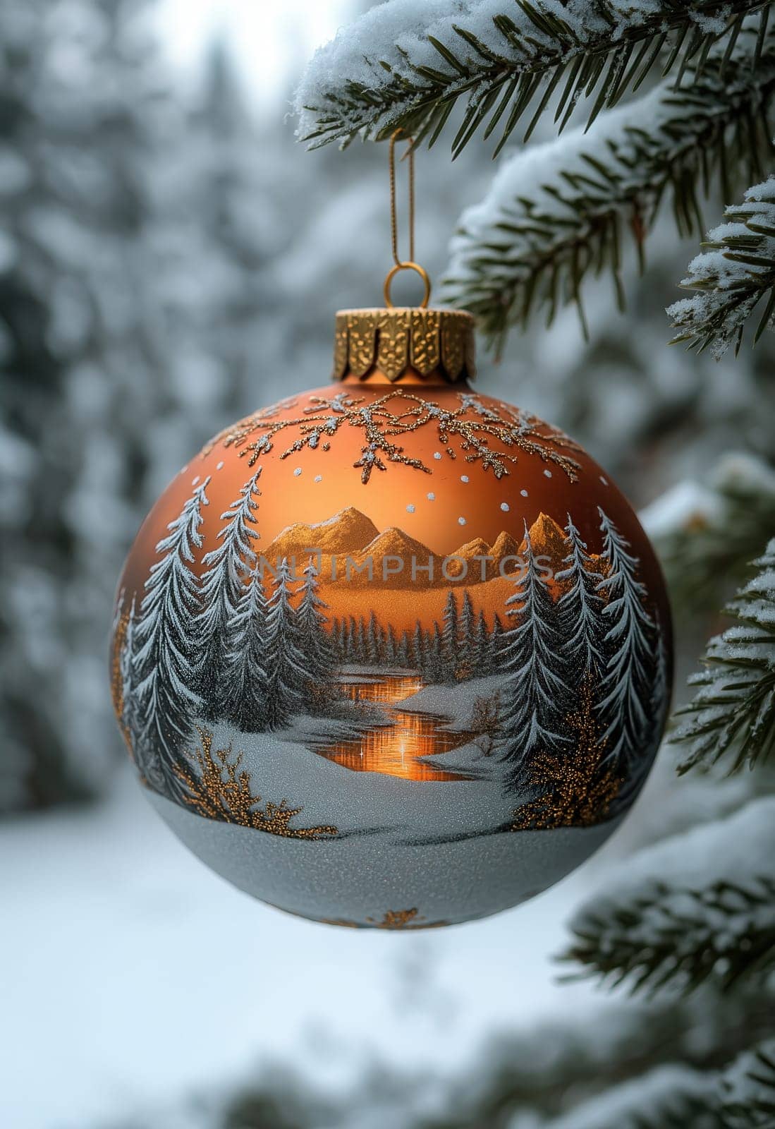 Orange Christmas ball with a snowy landscape on a Christmas tree. Selective focus.