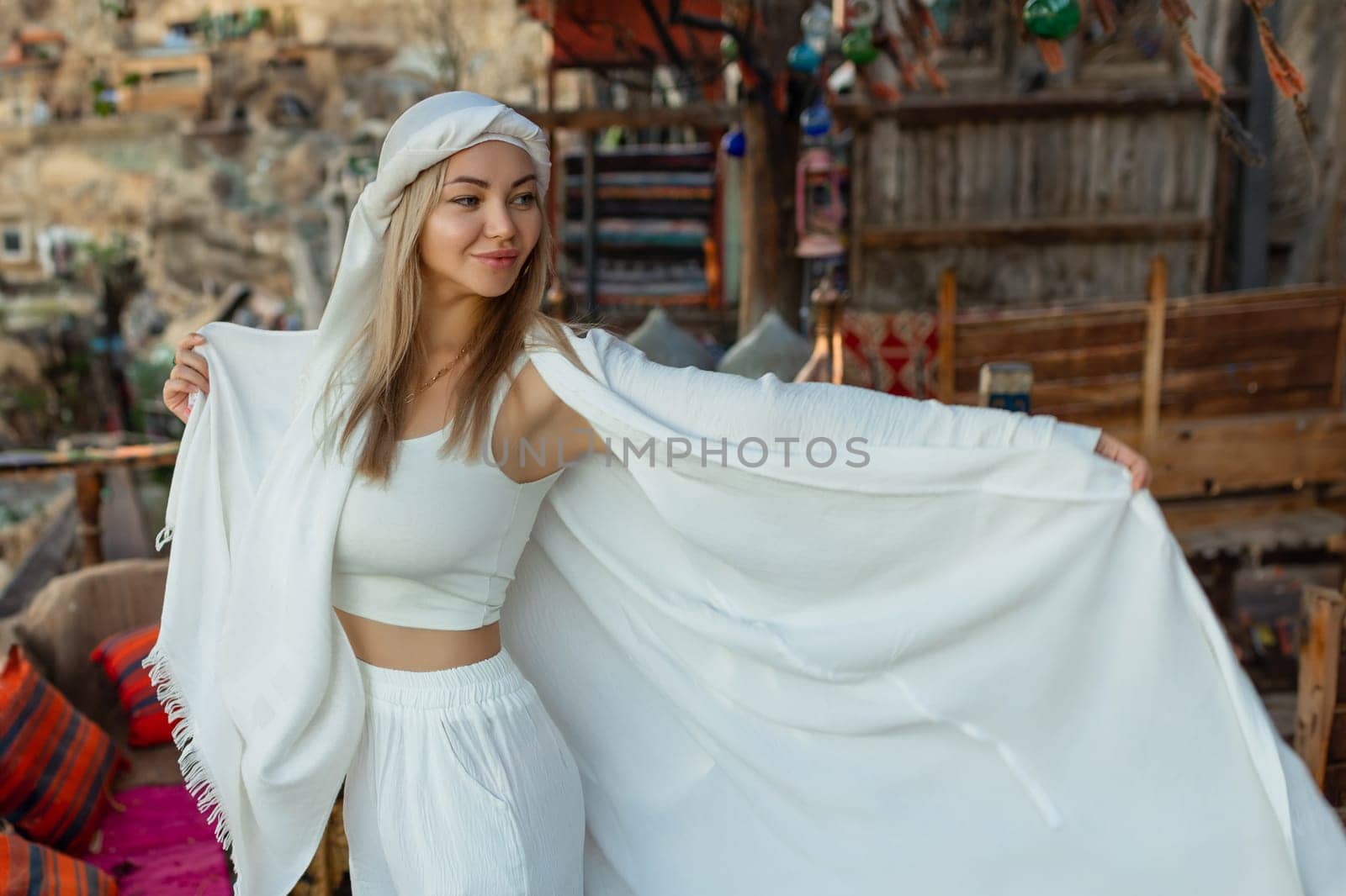 Portrait of a beautiful woman in Arabic clothing in Egypt during sunset