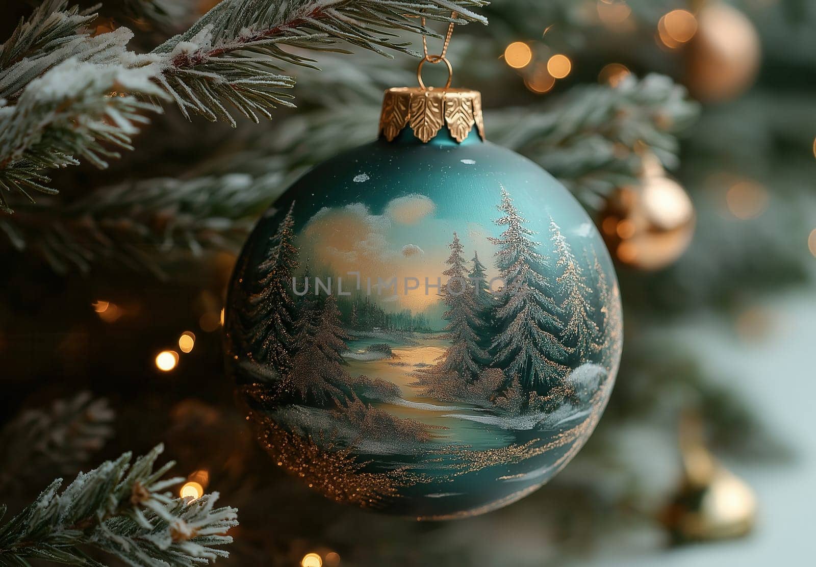 A green Christmas ball with a snow landscape on a Christmas tree. Selective focus.