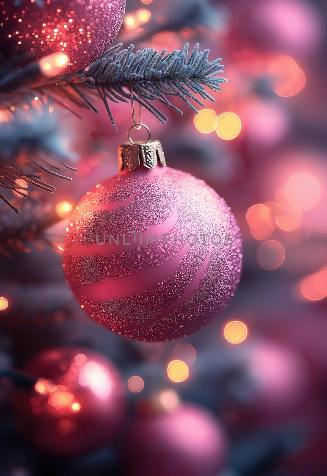 Pink Christmas tree ball on a branch. Selective focus.
