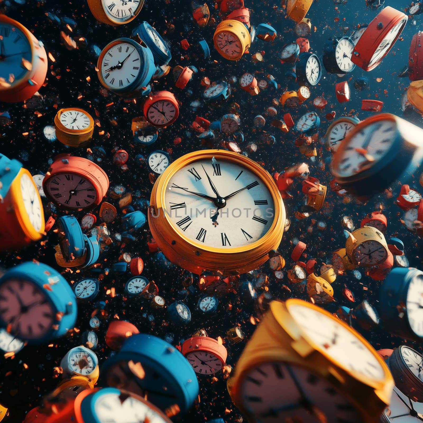 A surreal scene of clocks in various geometric shapes, floating in space with vibrant colors, symbolizing the abstract concept of time.