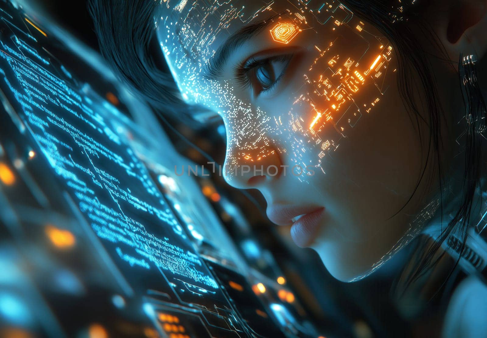 A futuristic intelligent woman with glowing blue circuits. Selective focus.