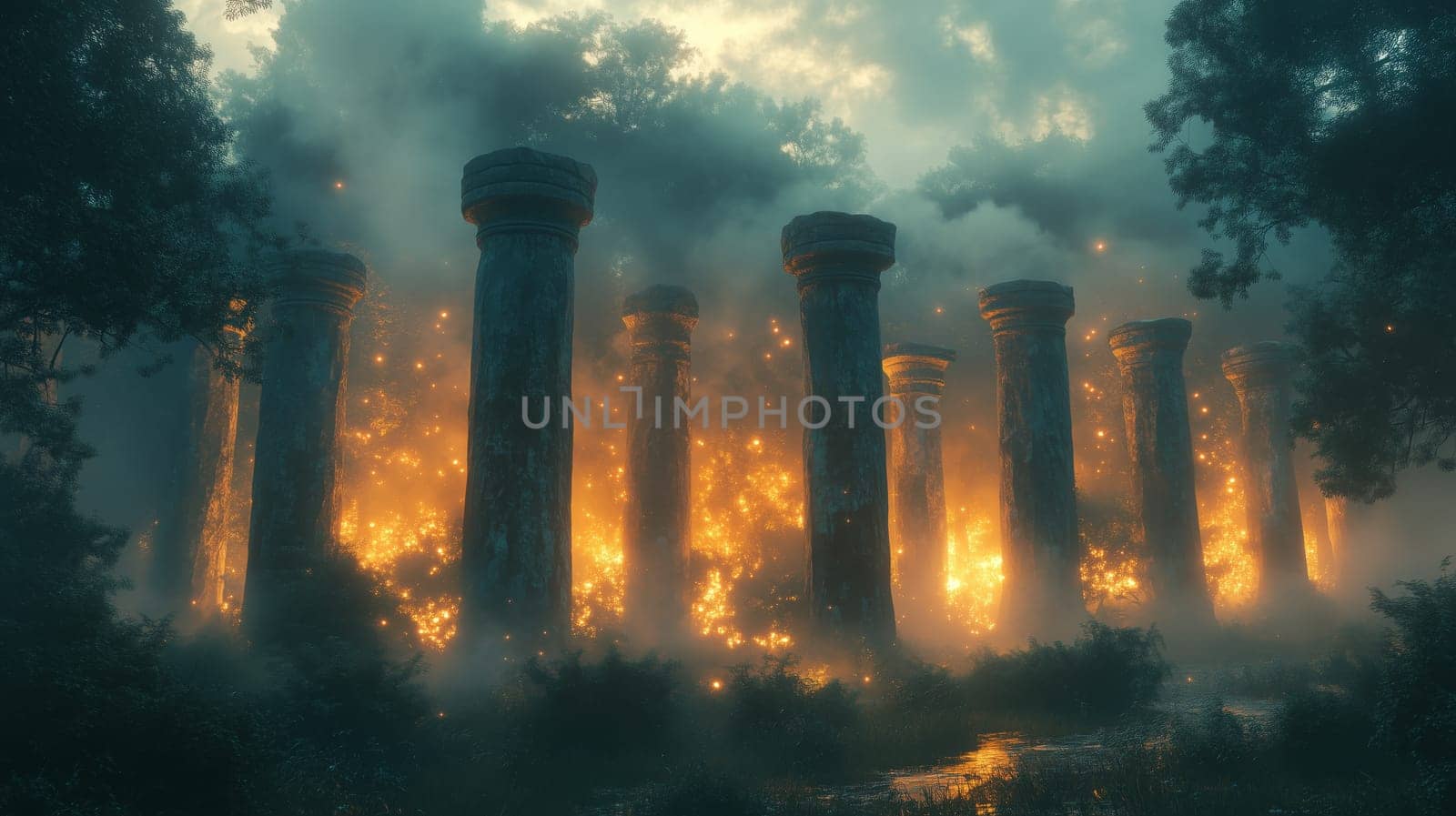 Surreal glowing ancient pillars radiating light surrounded by a misty forest, creating a mystical and enchanting atmosphere.