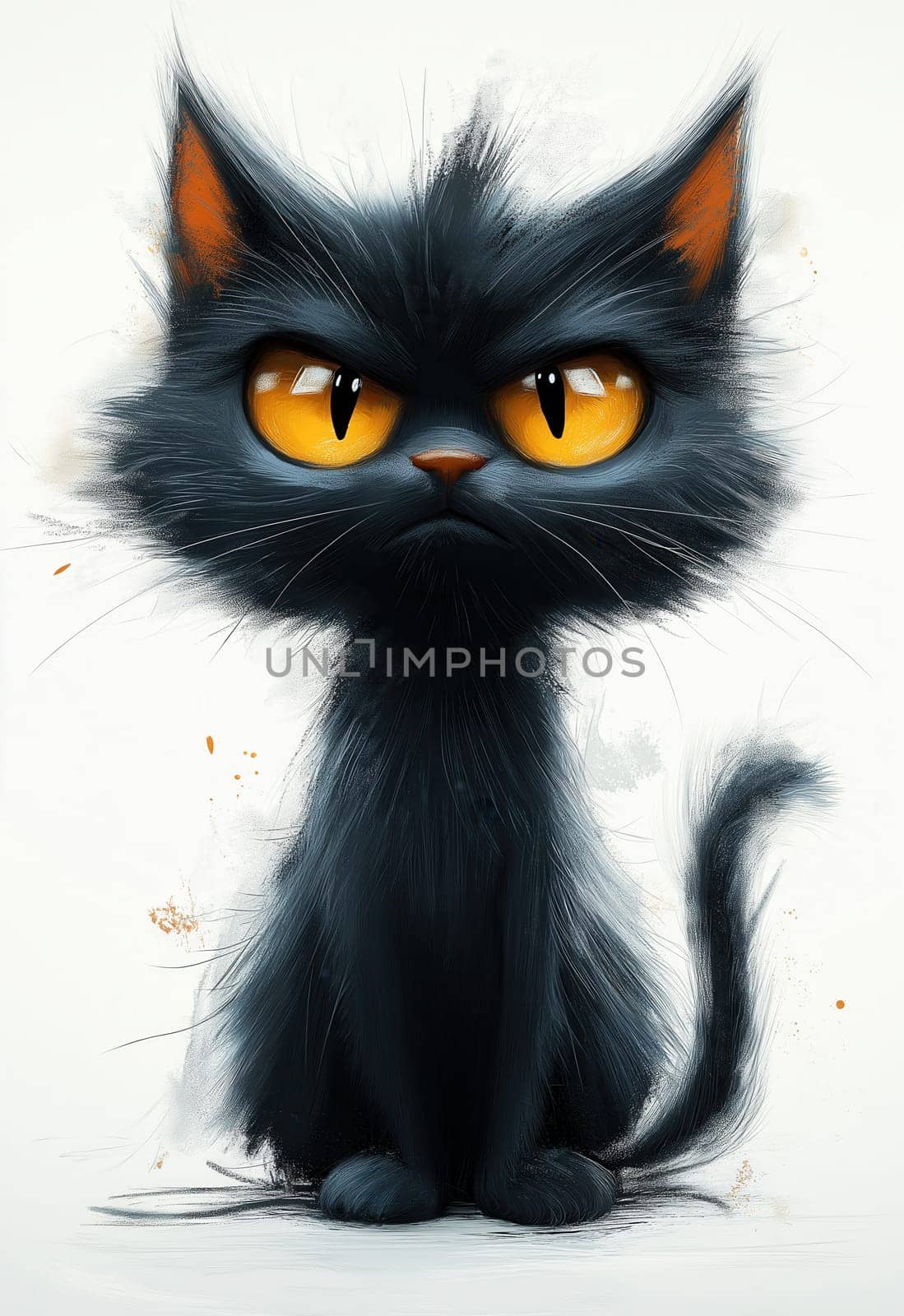 Illustration of a sitting black cat on a white background. Selective focus.